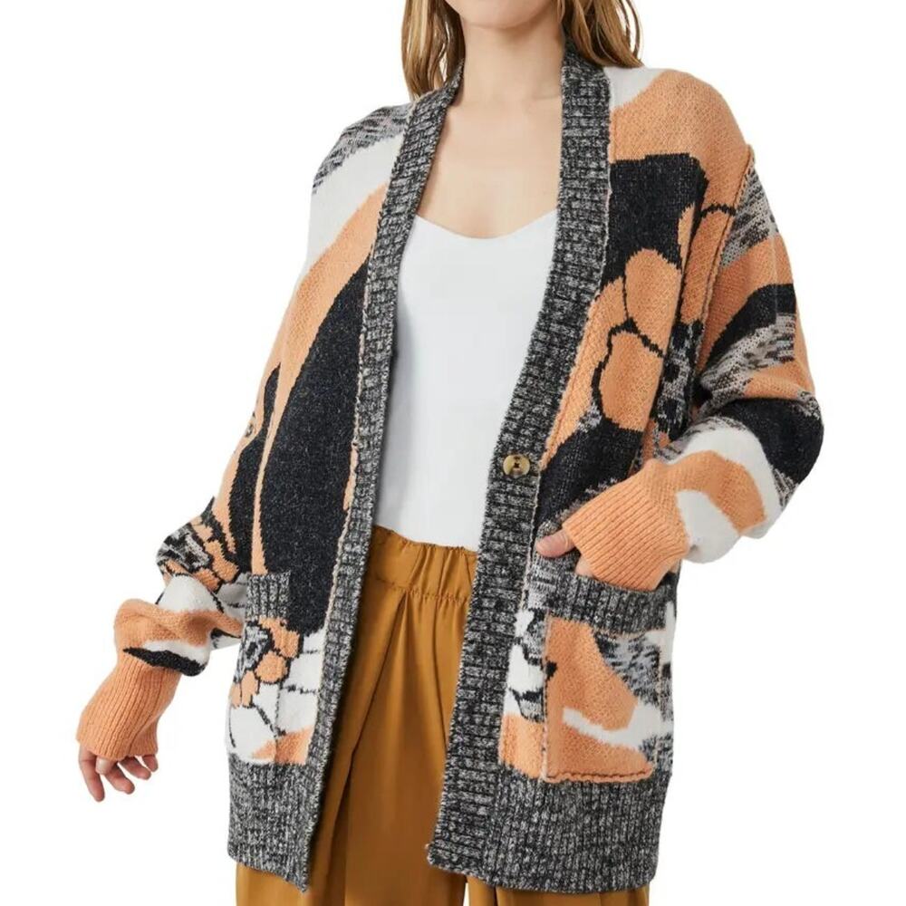 Free People August Oversized Floral Cardigan Sweater Size Medium Boho Knit